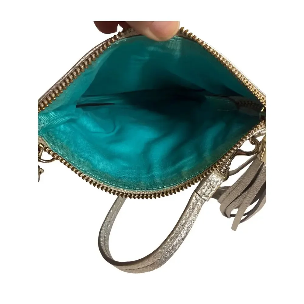 Jack Rogers Silver Metallic Leather Mini Fold-Over Tassel Crossbody Bag